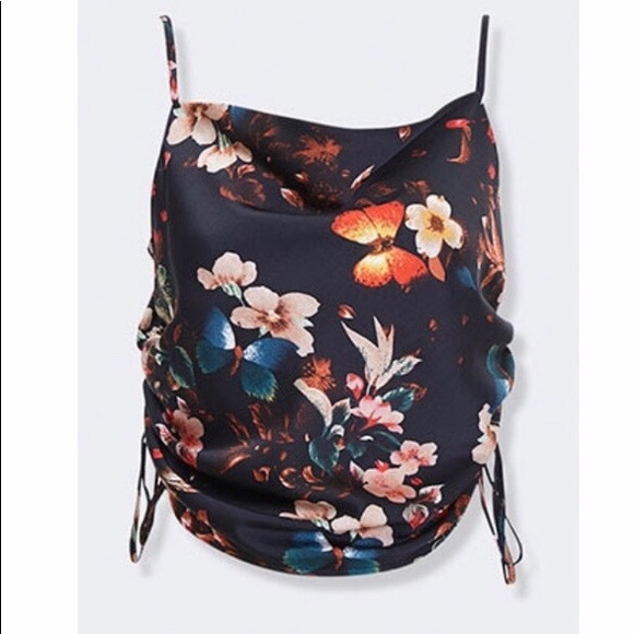 SATIN BUTTERFLY PRINT COWL NECK TOP - Picture 3 of 3